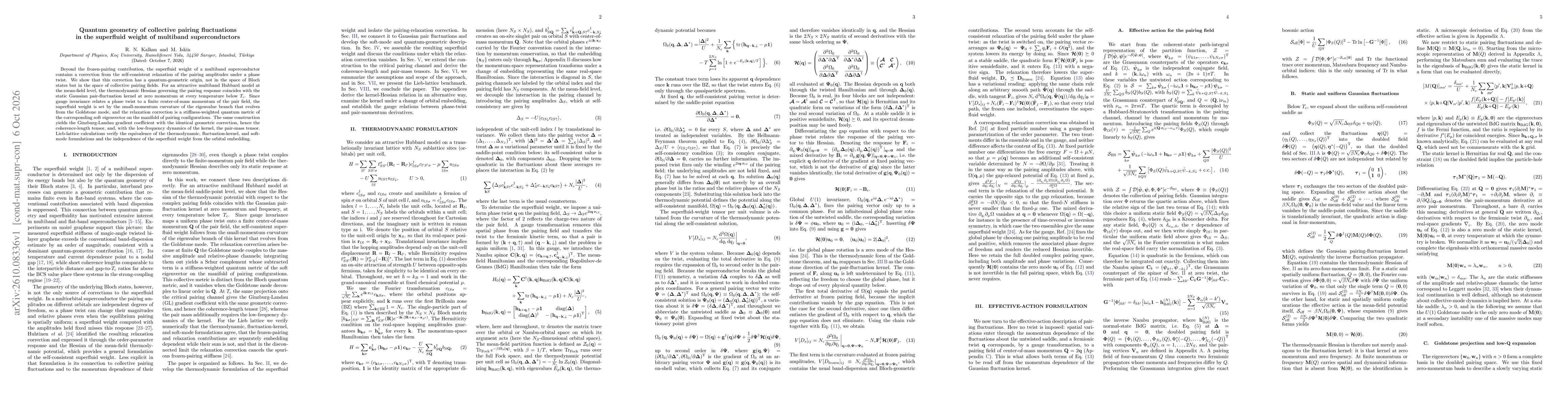 Thumbnail for Quantum geometry of collective pairing fluctuations in the superfluid weight of multiband superconductors