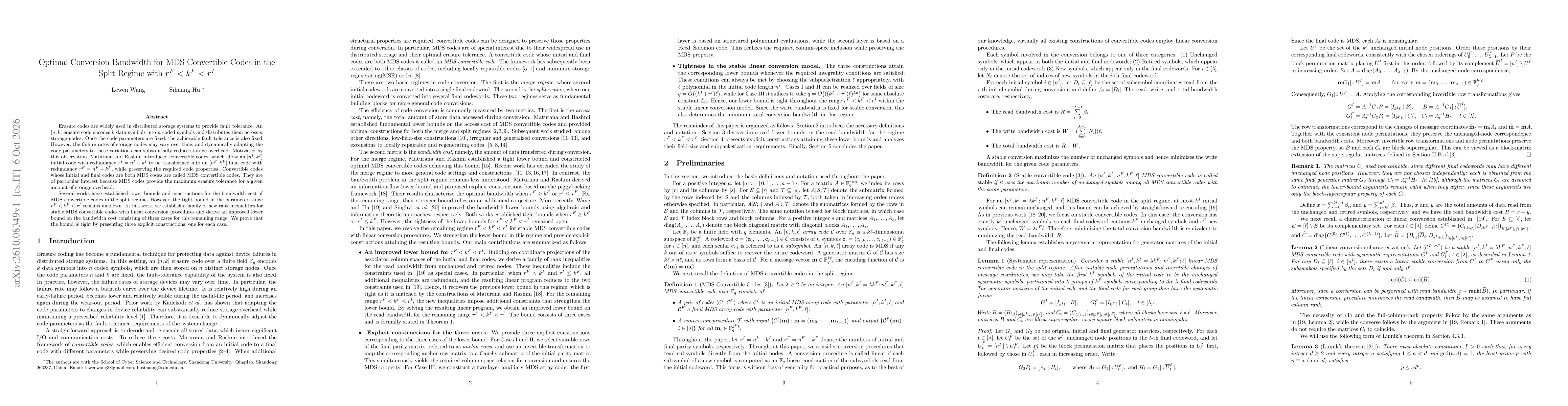 Thumbnail for Optimal Conversion Bandwidth for MDS Convertible Codes in the Split Regime with $r^F<k^F<r^I$