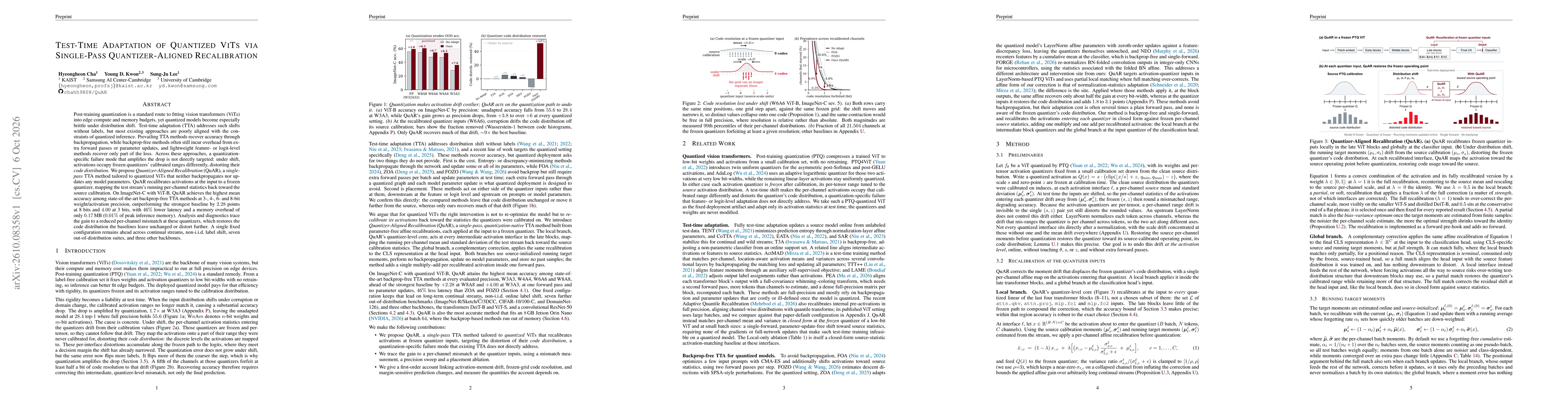 Thumbnail for Test-Time Adaptation of Quantized ViTs via Single-Pass Quantizer-Aligned Recalibration