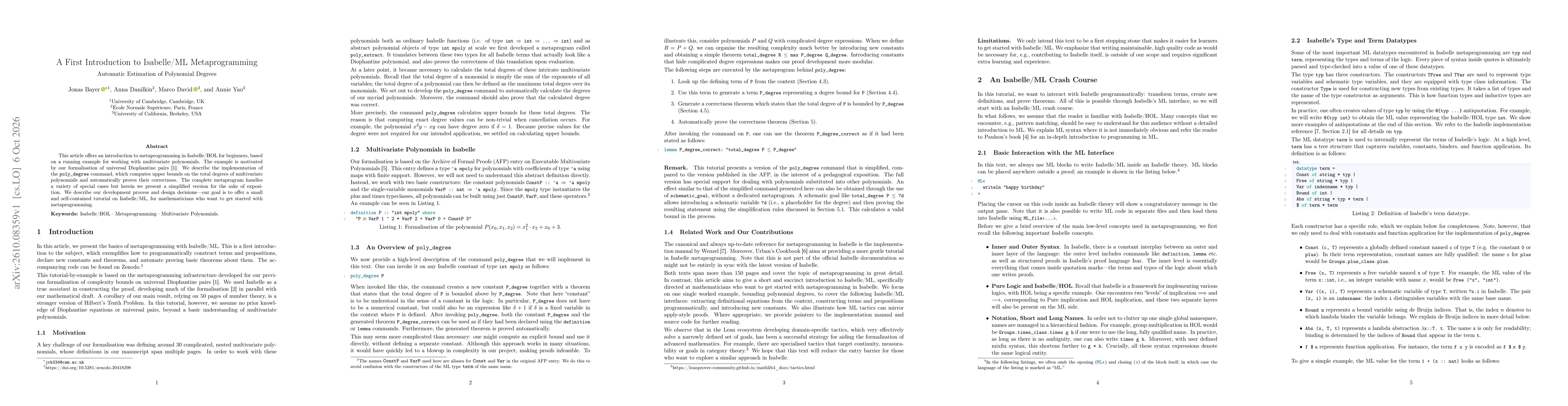 Thumbnail for A First Introduction to Isabelle/ML Metaprogramming: Automatic Estimation of Polynomial Degrees