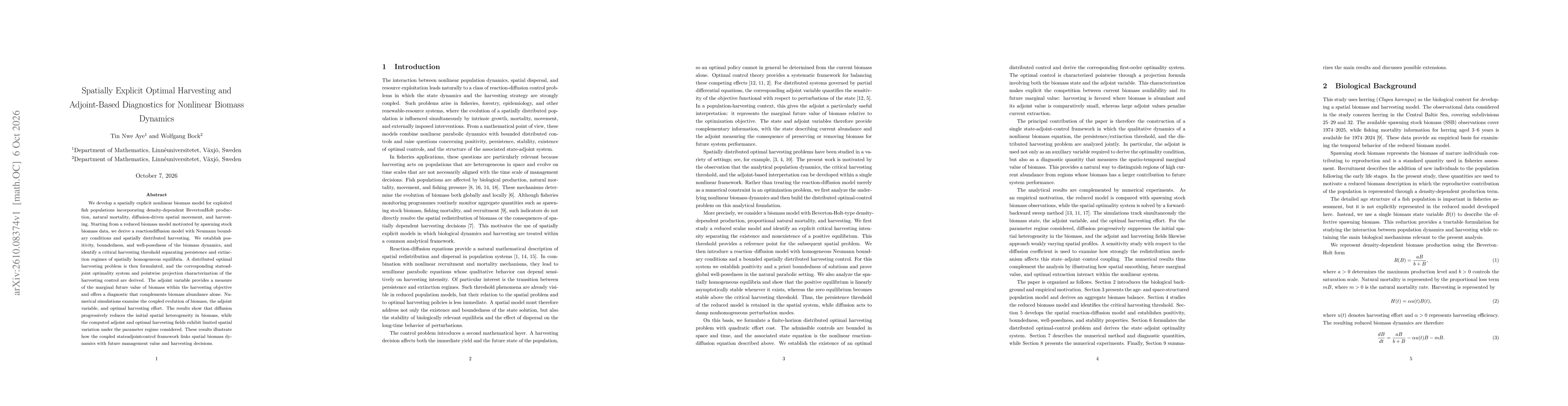 Thumbnail for Spatially Explicit Optimal Harvesting and Adjoint-Based Diagnostics for Nonlinear Biomass Dynamics