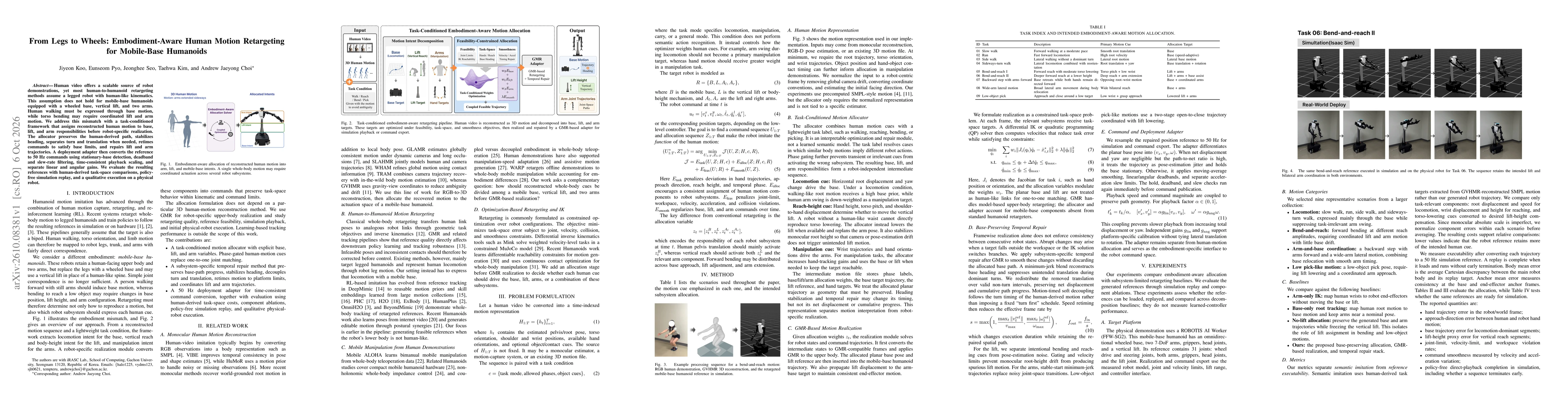 Thumbnail for From Legs to Wheels: Embodiment-Aware Human Motion Retargeting for Mobile-Base Humanoids