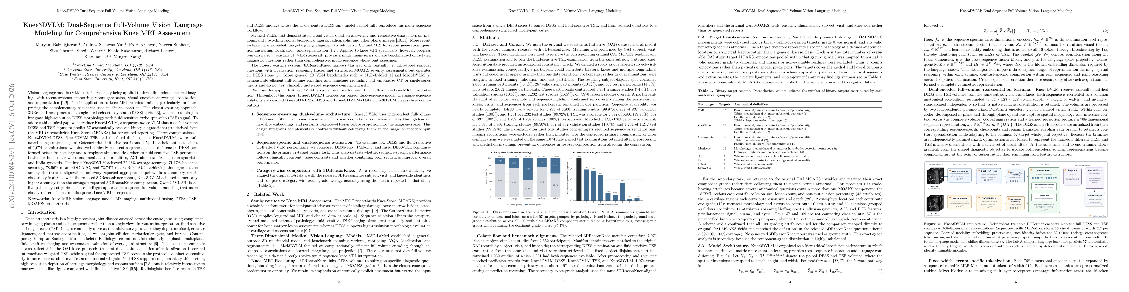 Thumbnail for Knee3DVLM: Dual-Sequence Full-Volume Vision-Language Modeling for Comprehensive Knee MRI Assessment