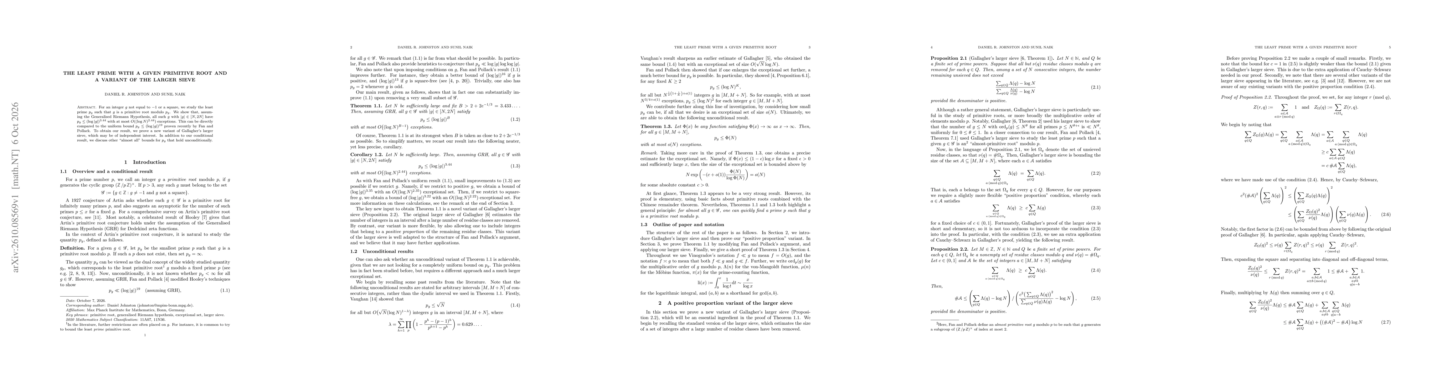Thumbnail for The least prime with a given primitive root and a variant of the larger sieve