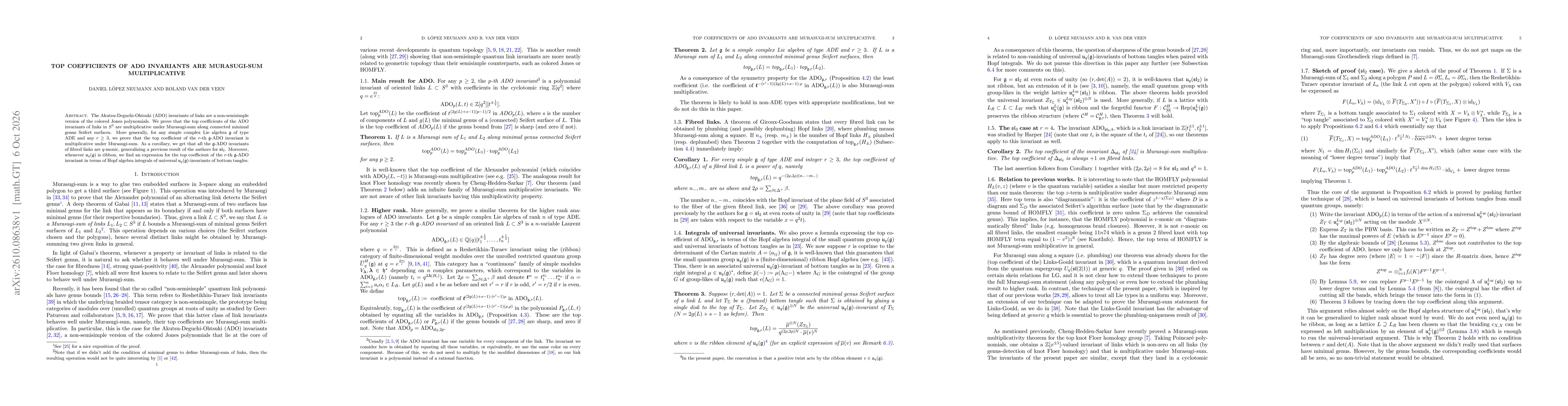 Thumbnail for Top coefficients of ADO invariants are Murasugi-sum multiplicative