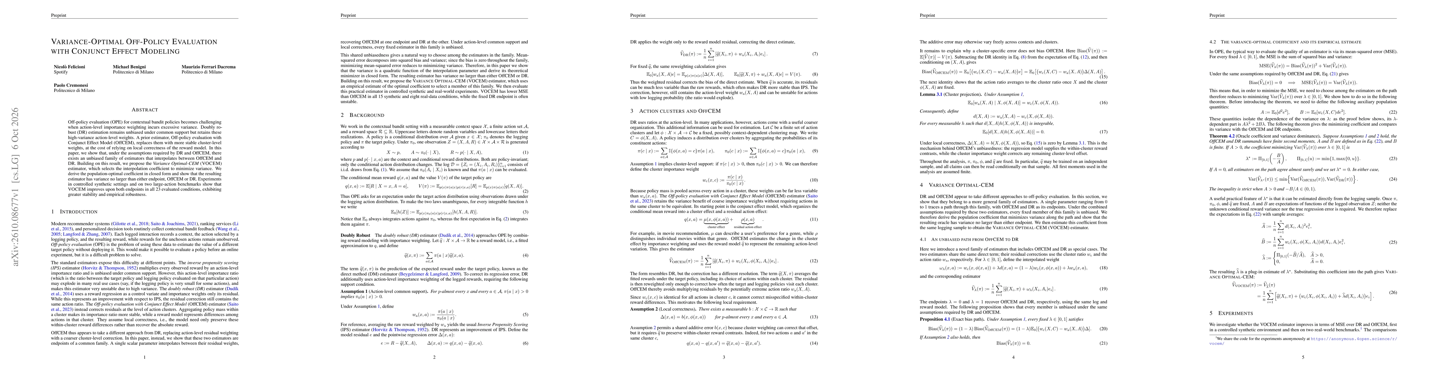 Thumbnail for Variance-Optimal Off-Policy Evaluation with Conjunct Effect Modeling