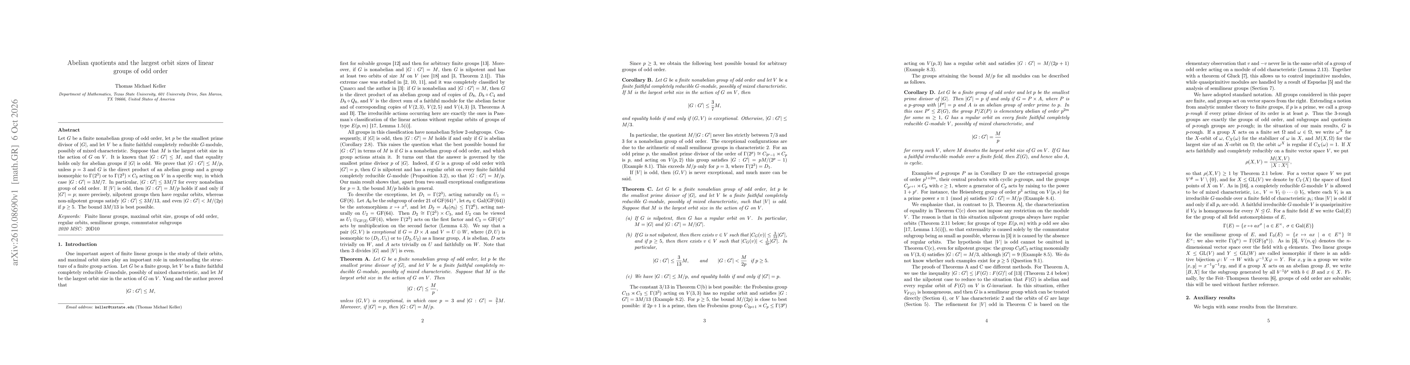 Thumbnail for Abelian quotients and the largest orbit sizes of linear groups of odd order