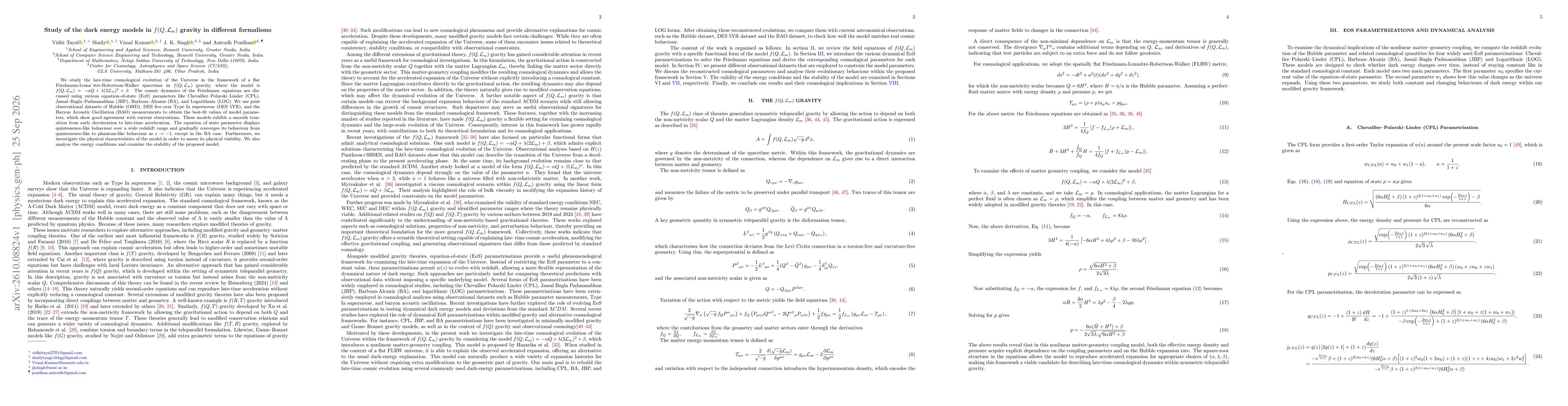 Thumbnail for Study of the dark energy models in f(Q, Lm) gravity in different formalisms