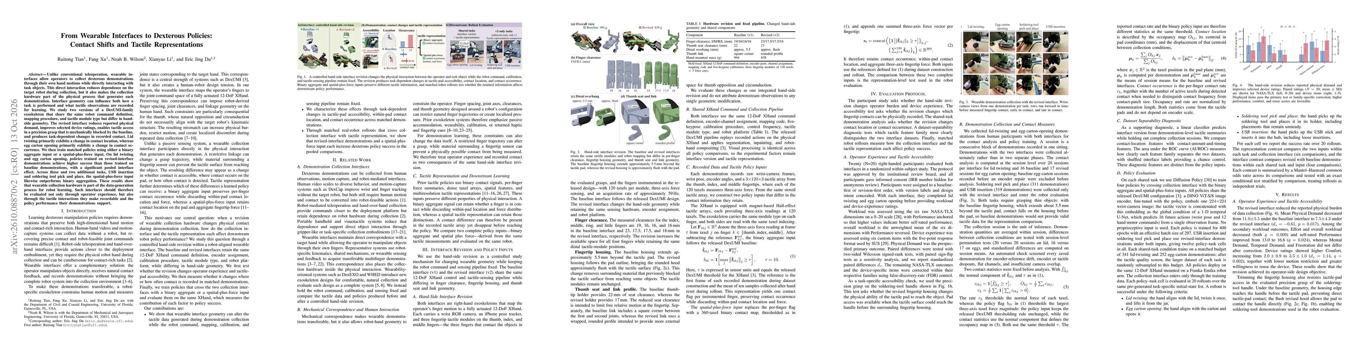 Thumbnail for From Wearable Interfaces to Dexterous Policies: Contact Shifts and Tactile Representations