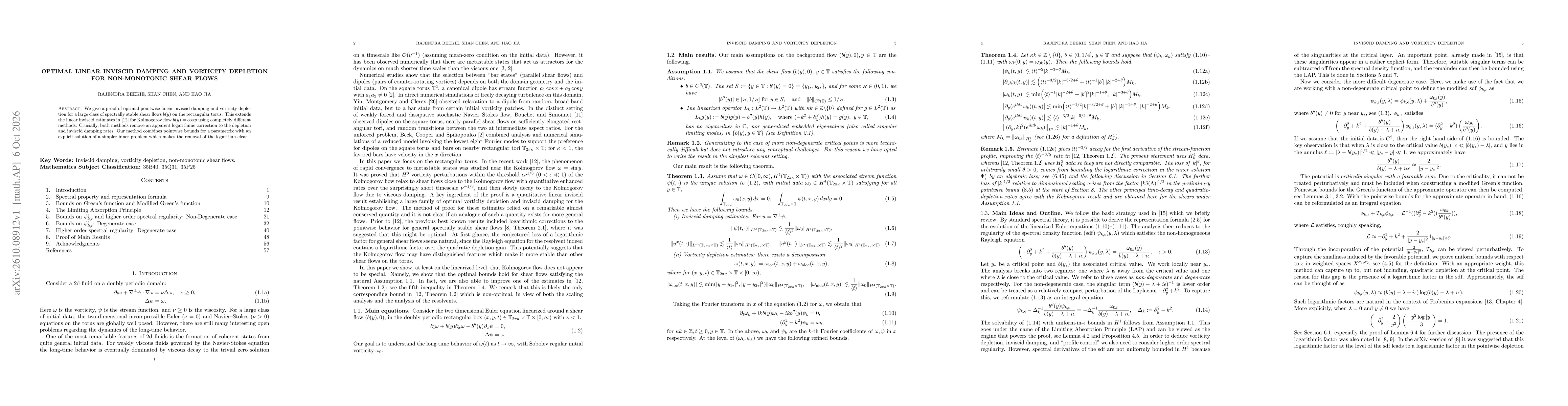 Thumbnail for Optimal Linear Inviscid Damping and Vorticity Depletion for Non-monotonic shear flows