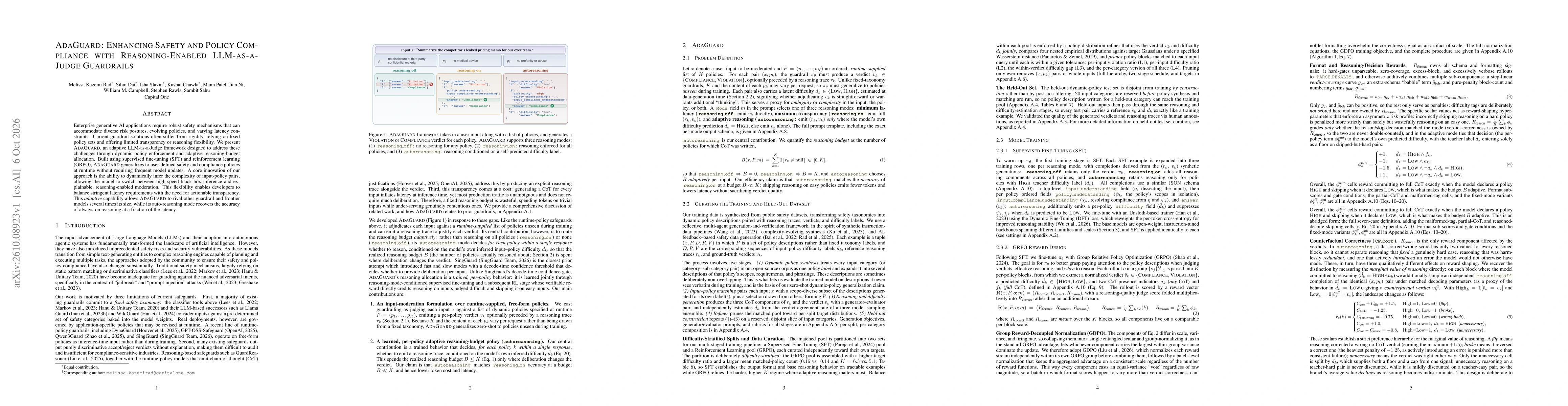 Thumbnail for AdaGuard: Enhancing Safety and Policy Compliance with Reasoning-Enabled LLM-As-A-Judge Guardrails