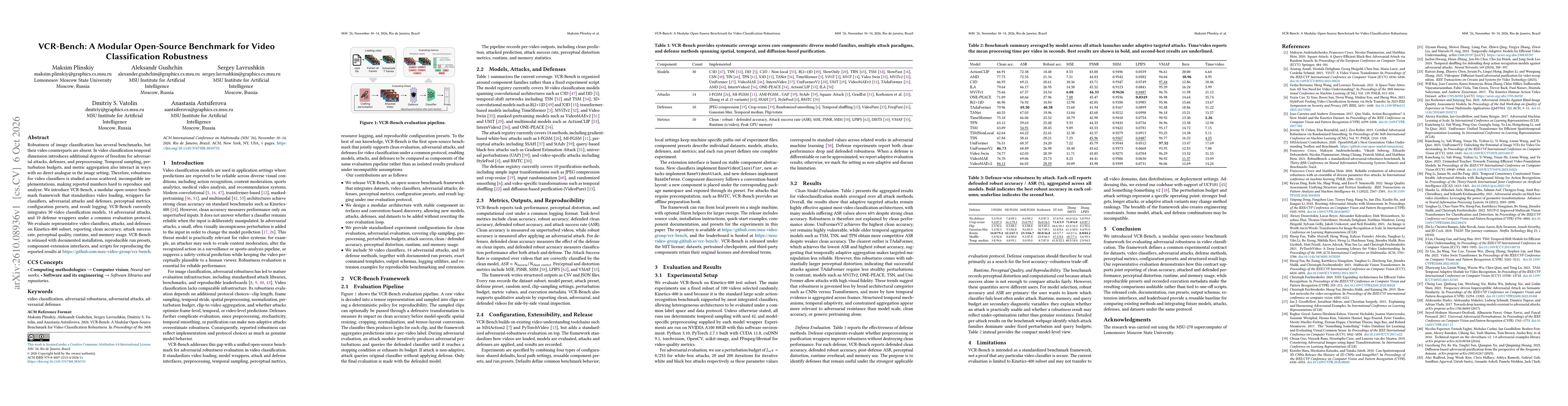 Thumbnail for VCR-Bench: A Modular Open-Source Benchmark for Video Classification Robustness