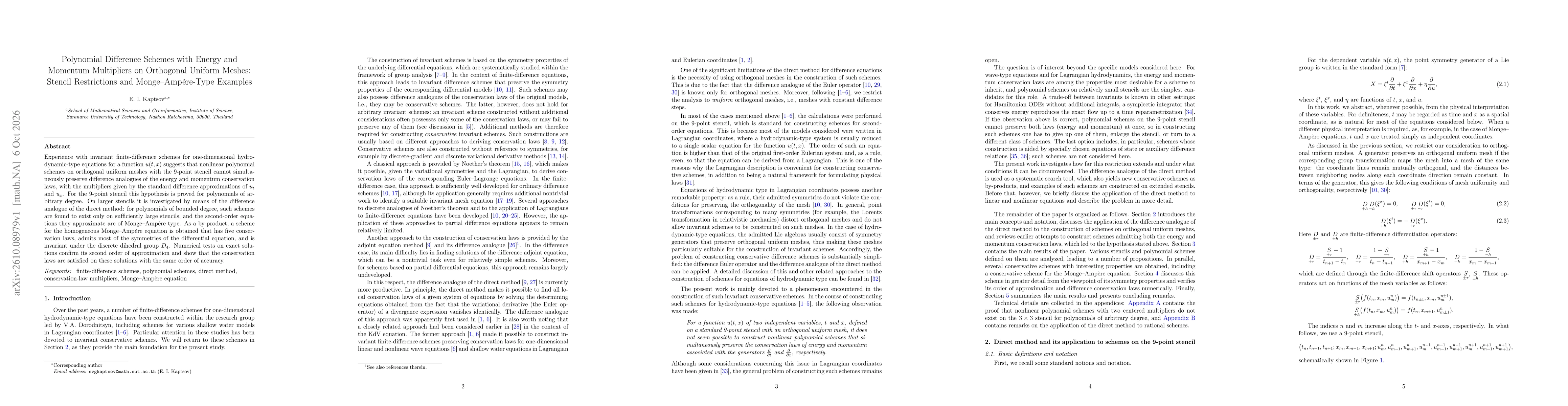 Thumbnail for Polynomial Difference Schemes with Energy and Momentum Multipliers on Orthogonal Uniform Meshes: Stencil Restrictions and Monge--Ampère-Type Examples