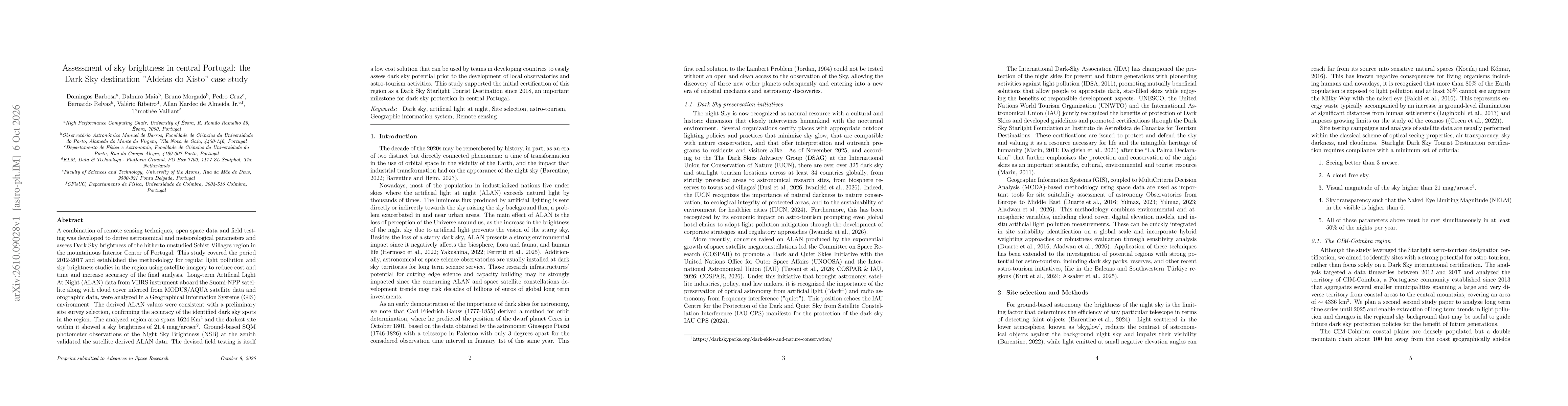 Thumbnail for Assessment of sky brightness in central Portugal: the Dark Sky destination "Aldeias do Xisto" case study