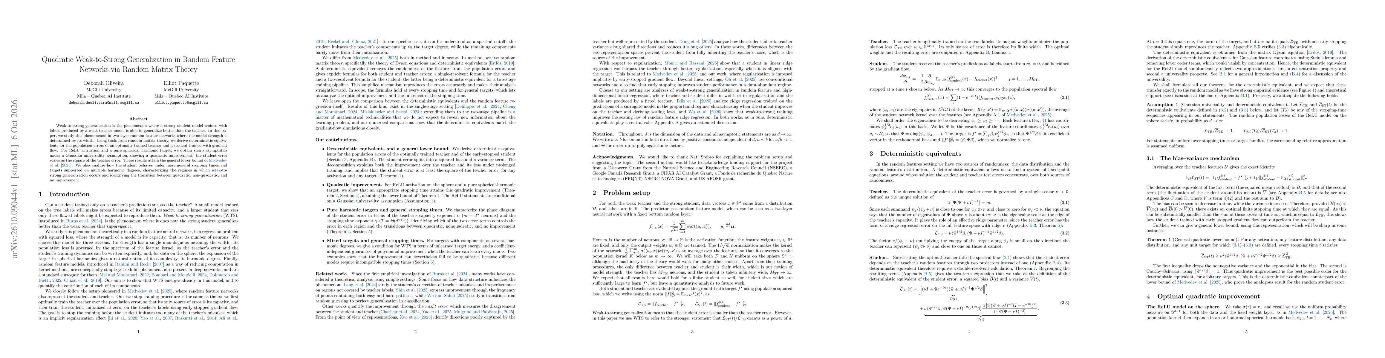 Thumbnail for Quadratic Weak-to-Strong Generalization in Random Feature Networks via Random Matrix Theory