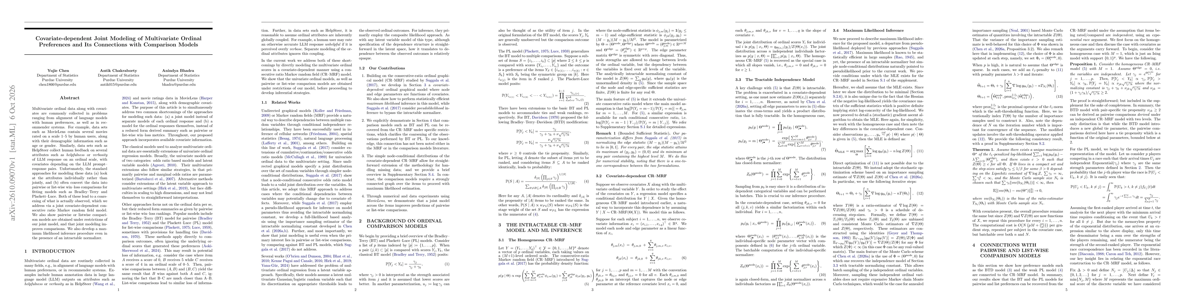 Thumbnail for Covariate-dependent Joint Modeling of Multivariate Ordinal Preferences and Its Connections with Comparison Models