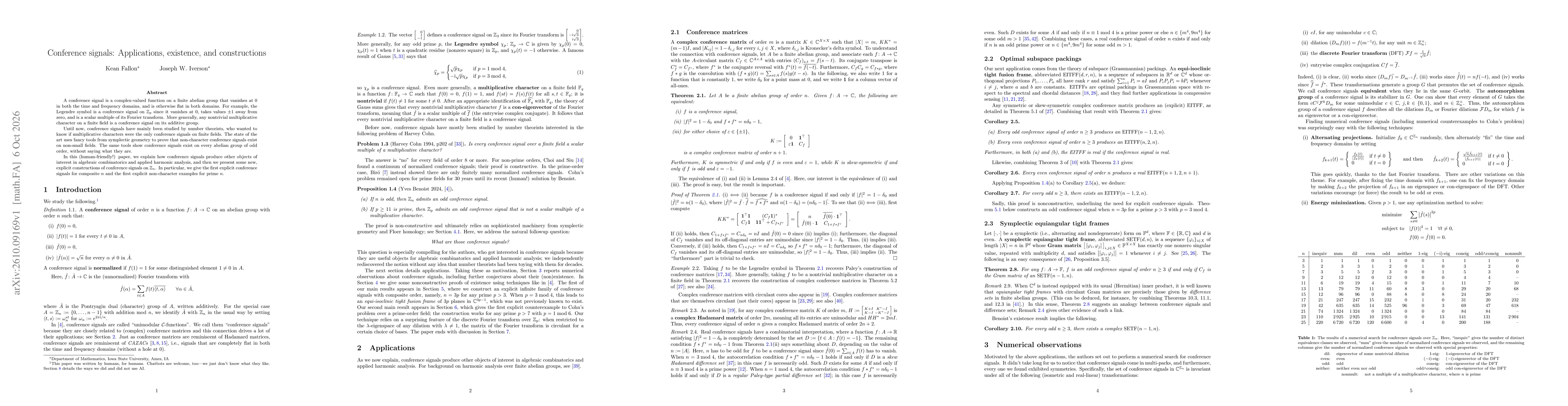 Thumbnail for Conference signals: Applications, existence, and constructions