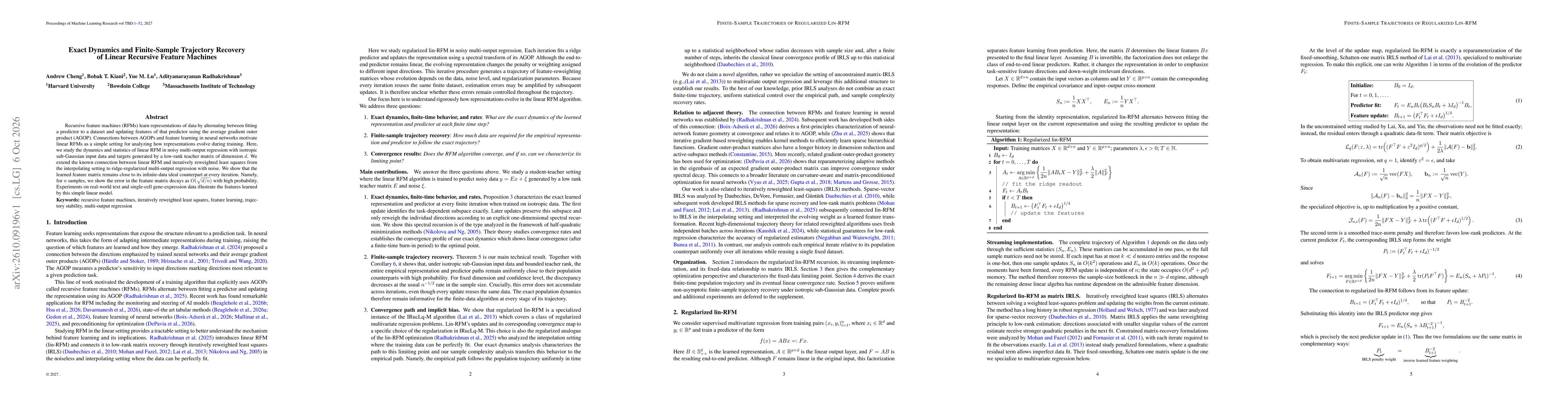 Thumbnail for Exact Dynamics and Finite-Sample Trajectory Recovery of Linear Recursive Feature Machines