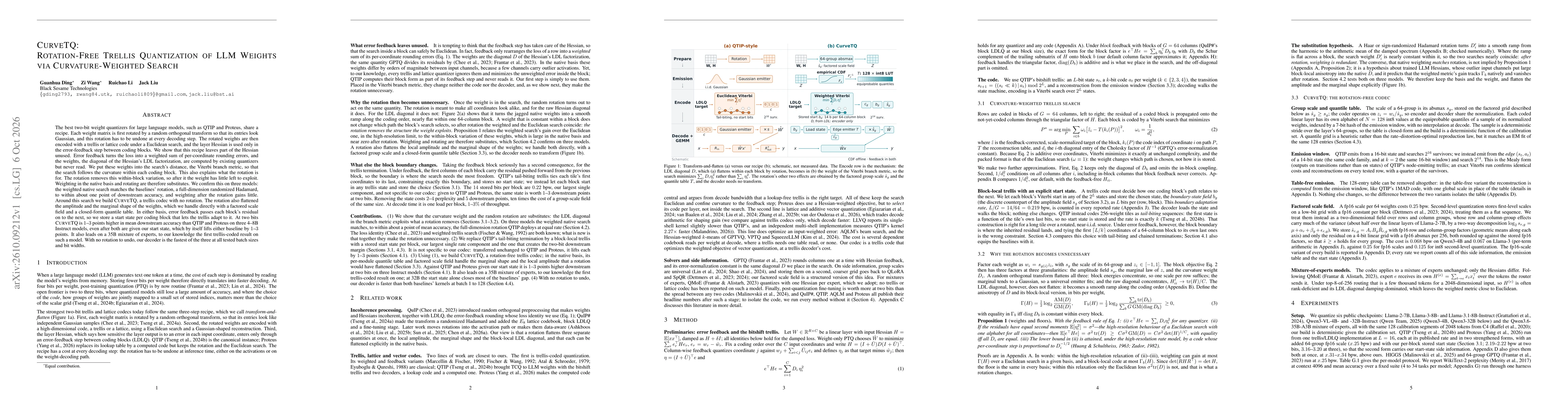 Thumbnail for CurveTQ: Rotation-Free Trellis Quantization of LLM Weights via Curvature-Weighted Search