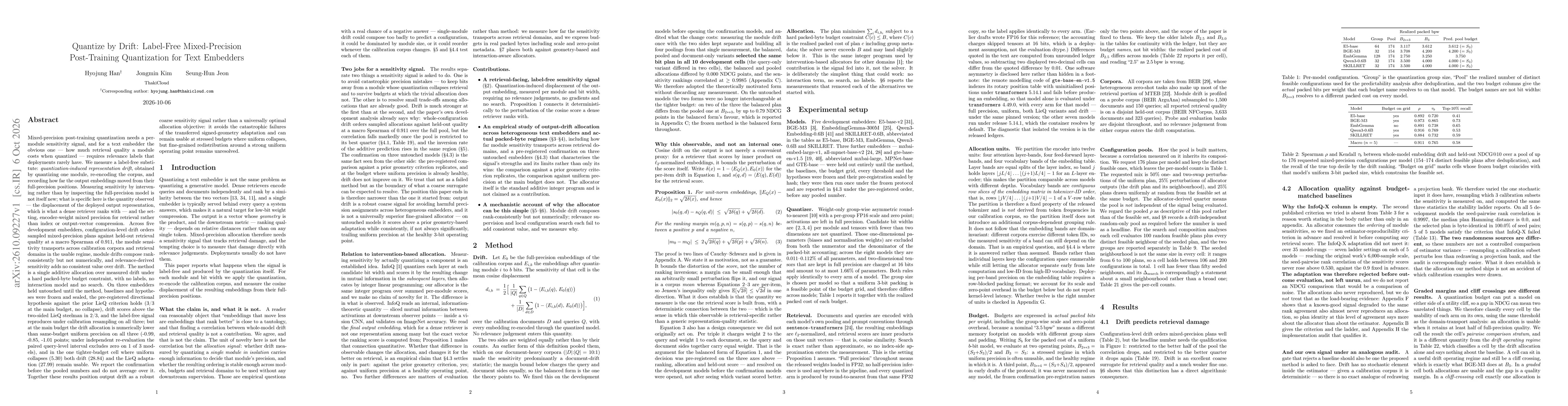 Thumbnail for Quantize by Drift: Label-Free Mixed-Precision Post-Training Quantization for Text Embedders