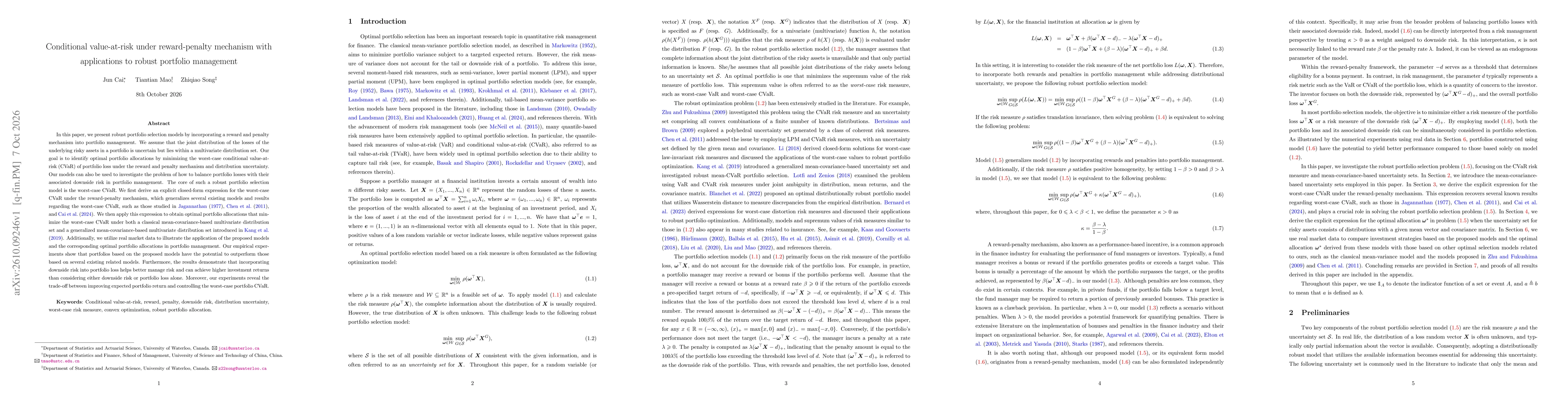Thumbnail for Conditional value-at-risk under reward-penalty mechanism with applications to robust portfolio management
