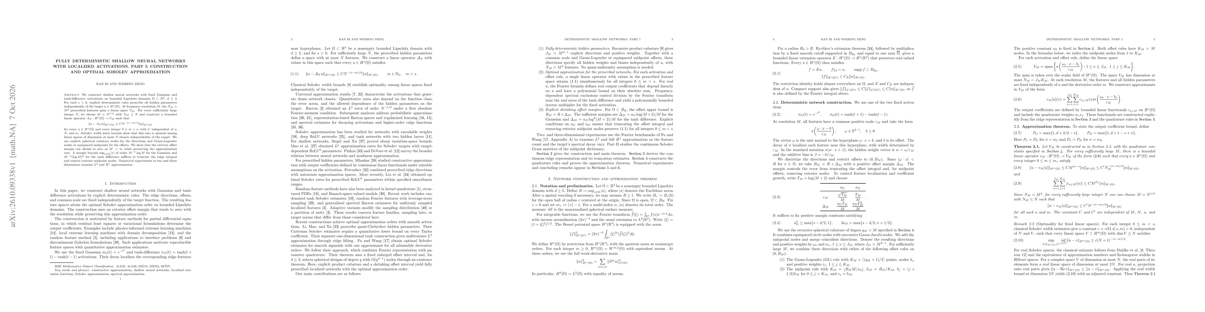 Thumbnail for Fully Deterministic Shallow Neural Networks with Localized Activations. Part I: Construction and Optimal Sobolev Approximation