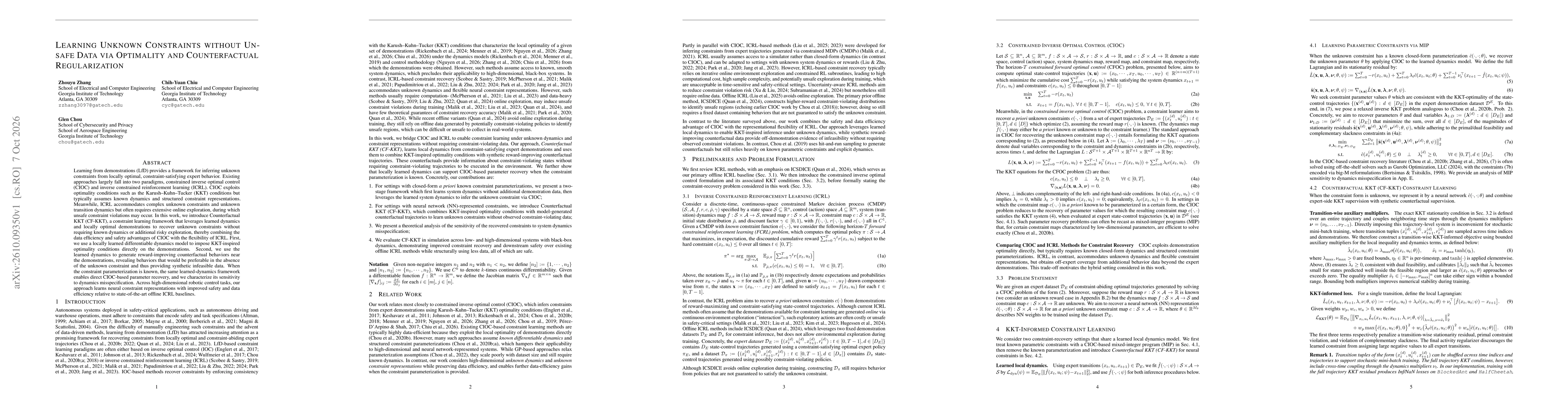 Thumbnail for Learning Unknown Constraints without Unsafe Data via Optimality and Counterfactual Regularization