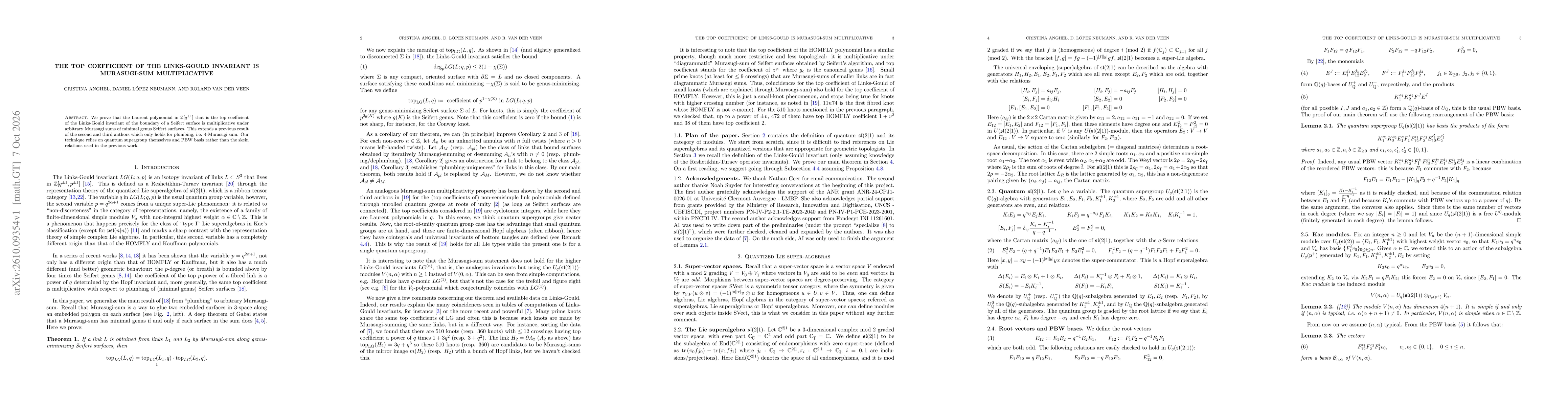 Thumbnail for The top coefficient of the Links-Gould invariant is Murasugi-sum multiplicative