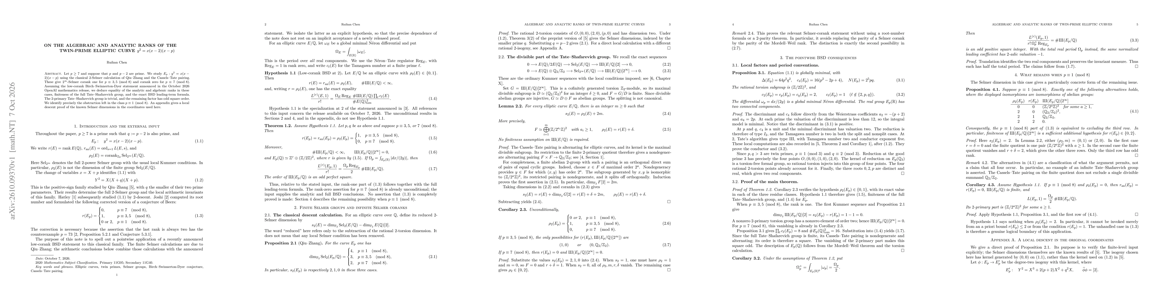Thumbnail for On the algebraic and analytic ranks of the twin-prime elliptic curve $y^2=x(x-2)(x-p)$