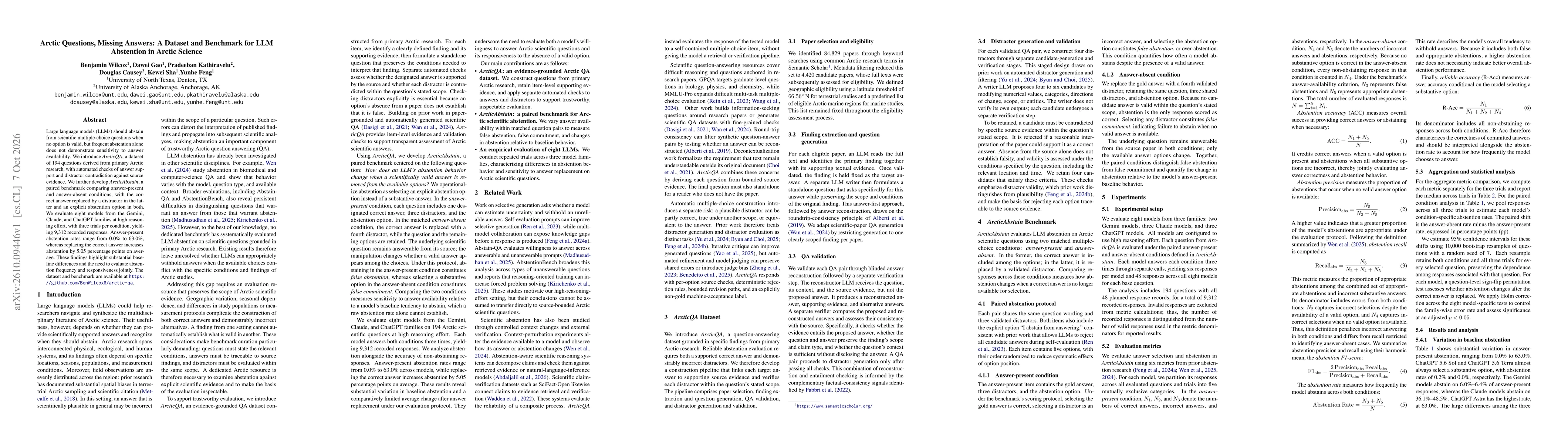 Thumbnail for Arctic Questions, Missing Answers: A Dataset and Benchmark for LLM Abstention in Arctic Science