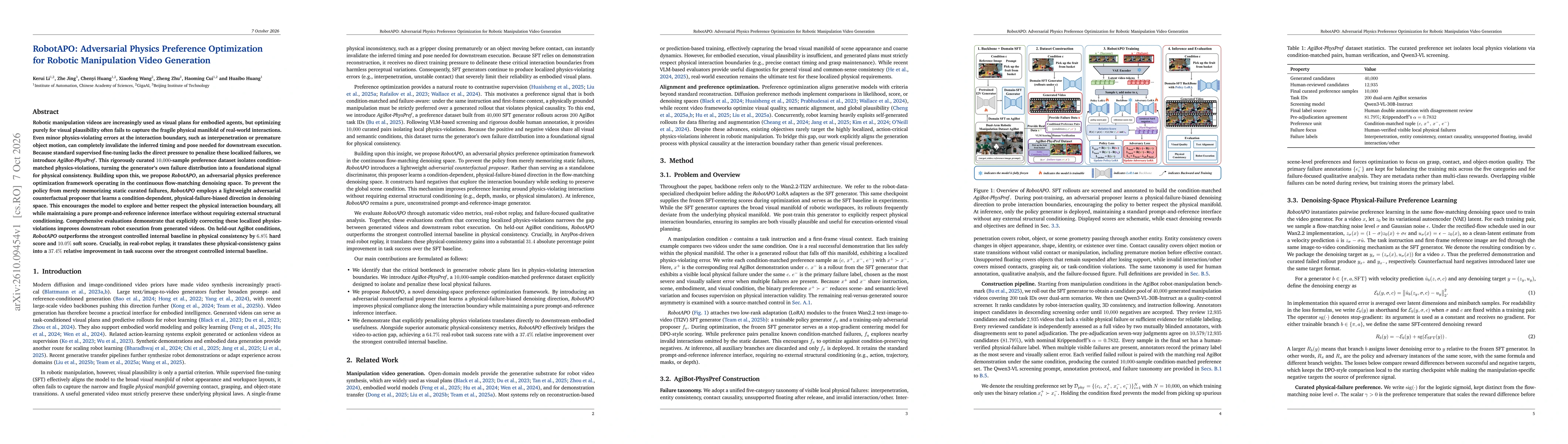Thumbnail for RobotAPO: Adversarial Physics Preference Optimization for Robotic Manipulation Video Generation