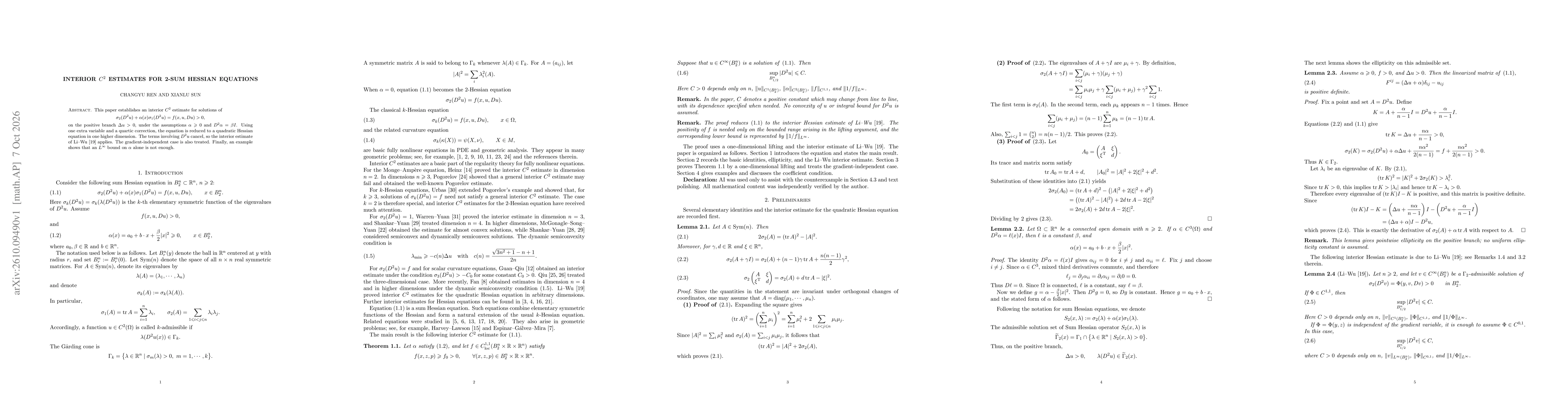 Thumbnail for Interior $C^2$ Estimates for 2-Sum Hessian Equations