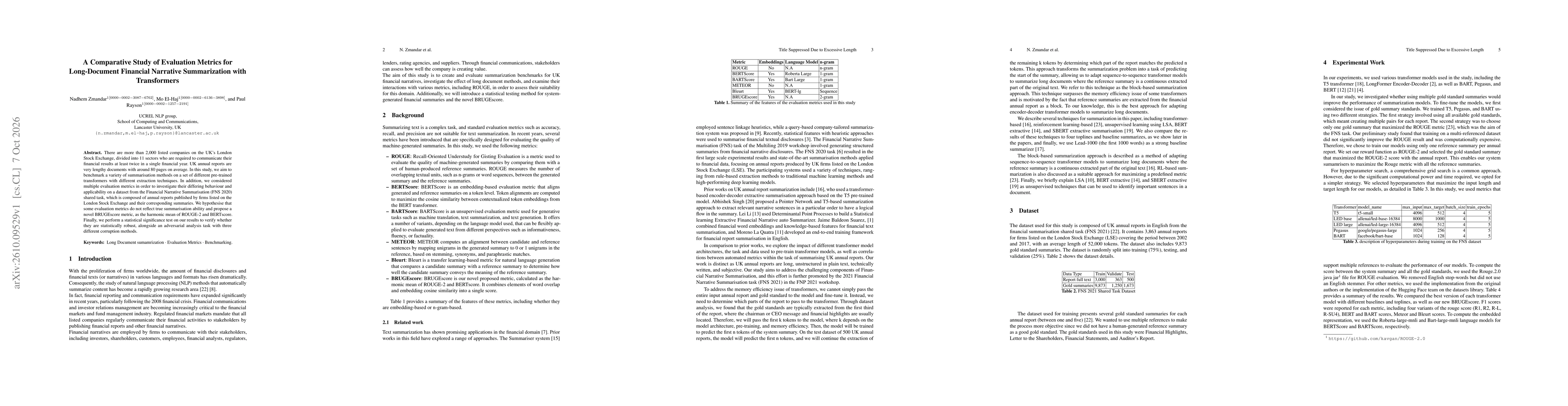 Thumbnail for A Comparative Study of Evaluation Metrics for Long-Document Financial Narrative Summarization with Transformers