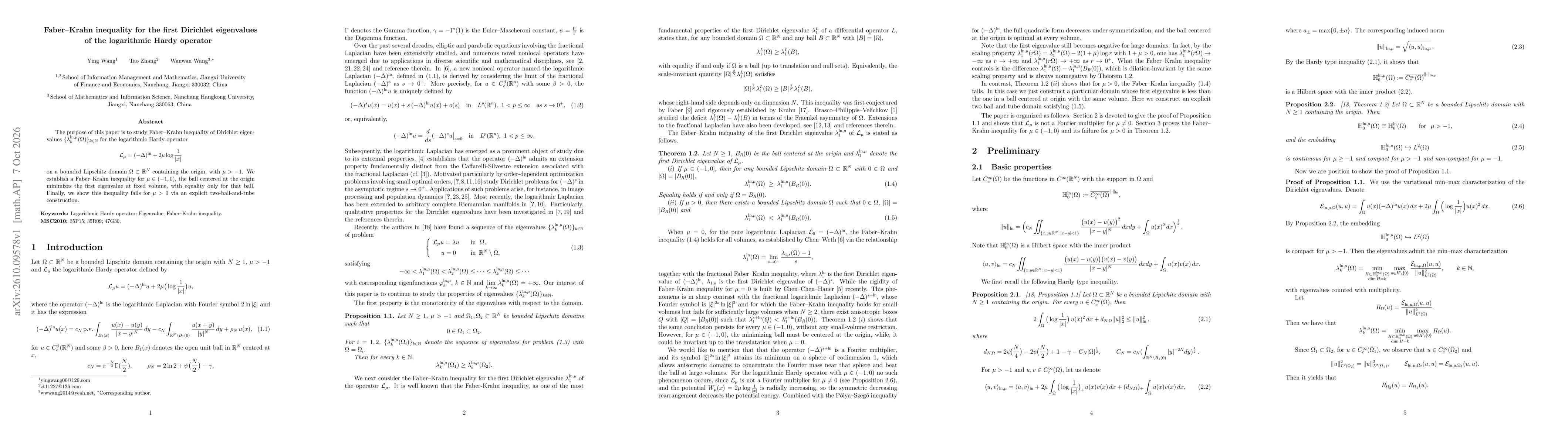 Thumbnail for Faber-Krahn inequality for the first Dirichlet eigenvalues of the logarithmic Hardy operator