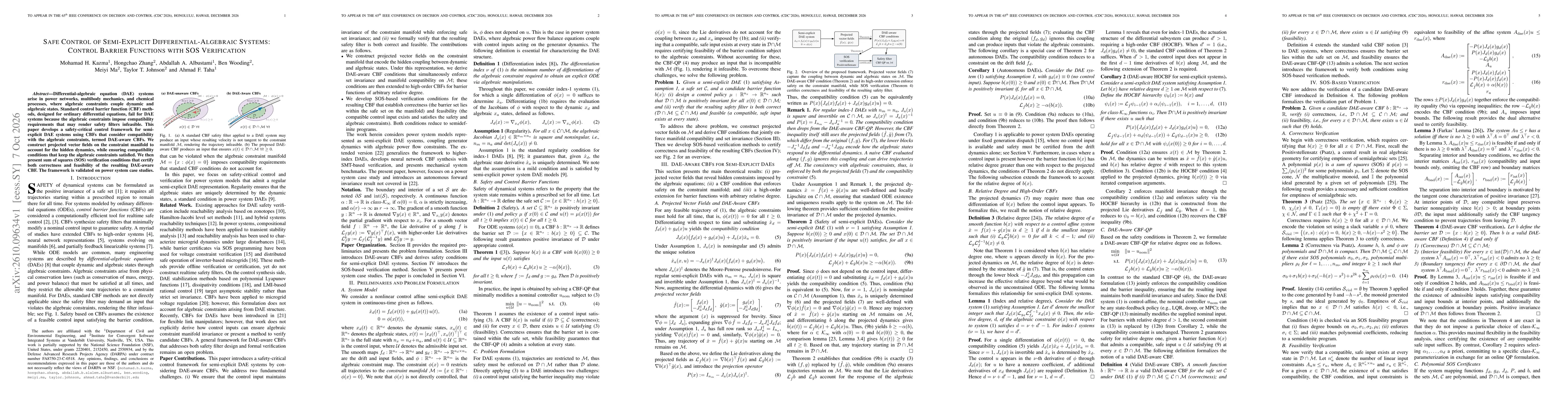 Thumbnail for Safe Control of Semi-Explicit Differential-Algebraic Systems: Control Barrier Functions with SOS Verification