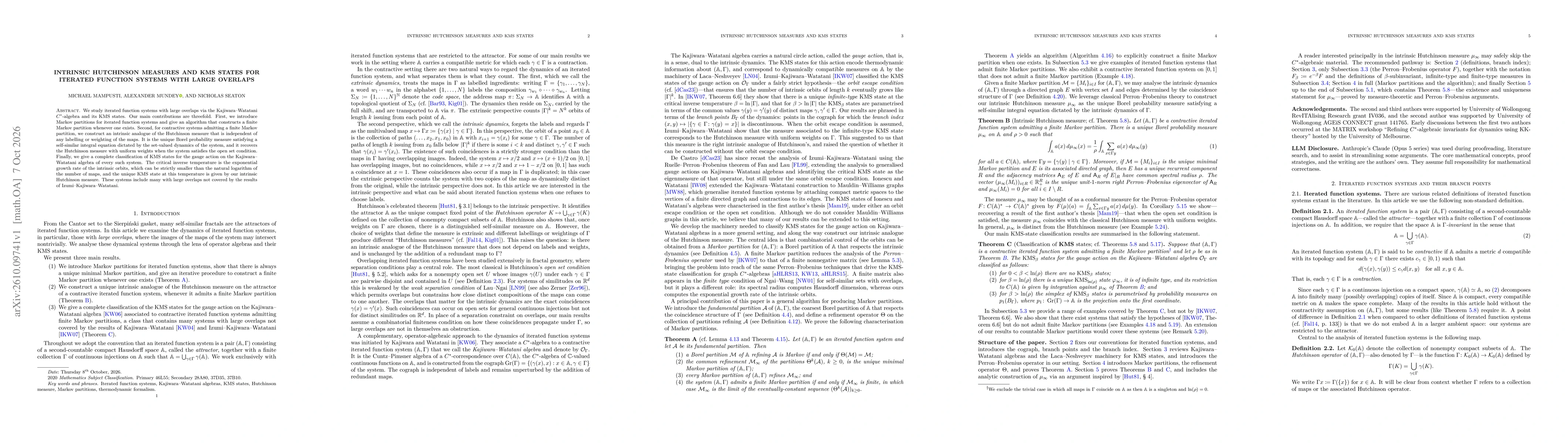 Thumbnail for Intrinsic Hutchinson measures and KMS states for iterated function systems with large overlaps
