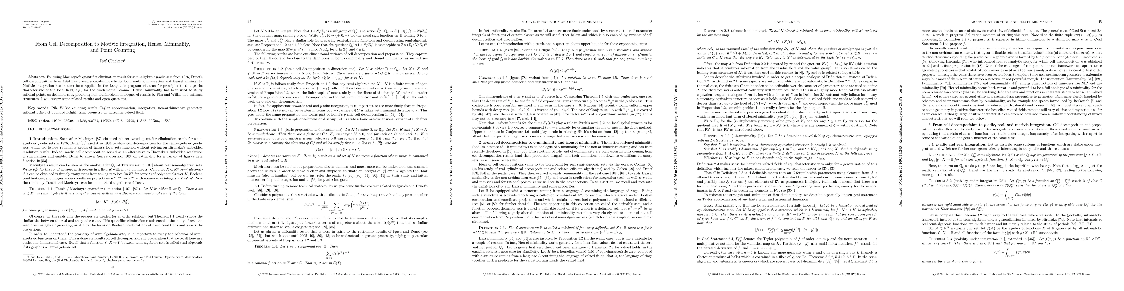 Thumbnail for From Cell Decomposition to Motivic Integration, Hensel Minimality, and Point Counting