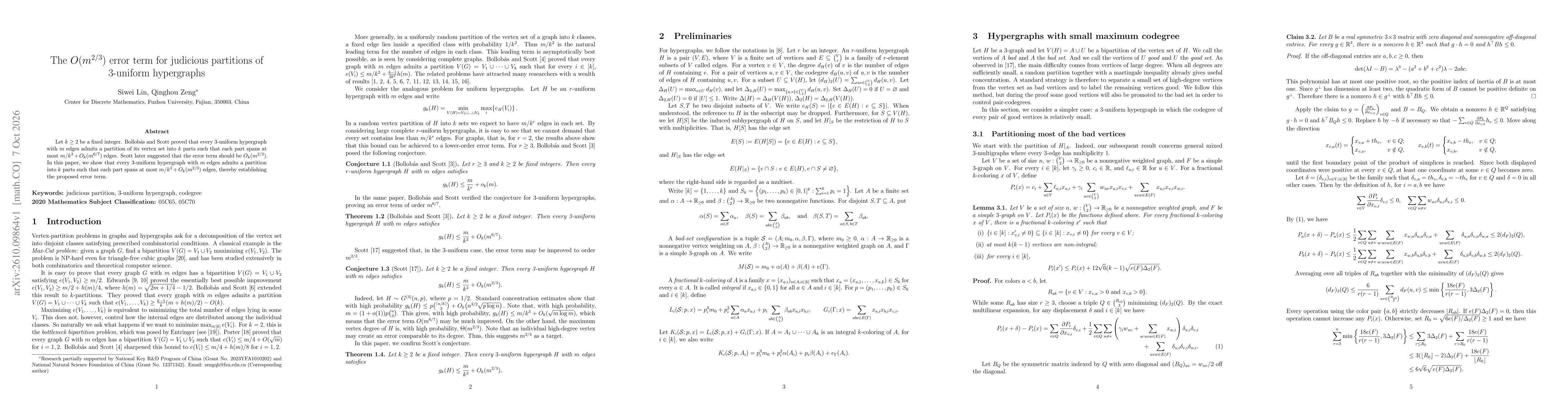 Thumbnail for The $O(m^{2/3})$ error term for judicious partitions of 3-uniform hypergraphs