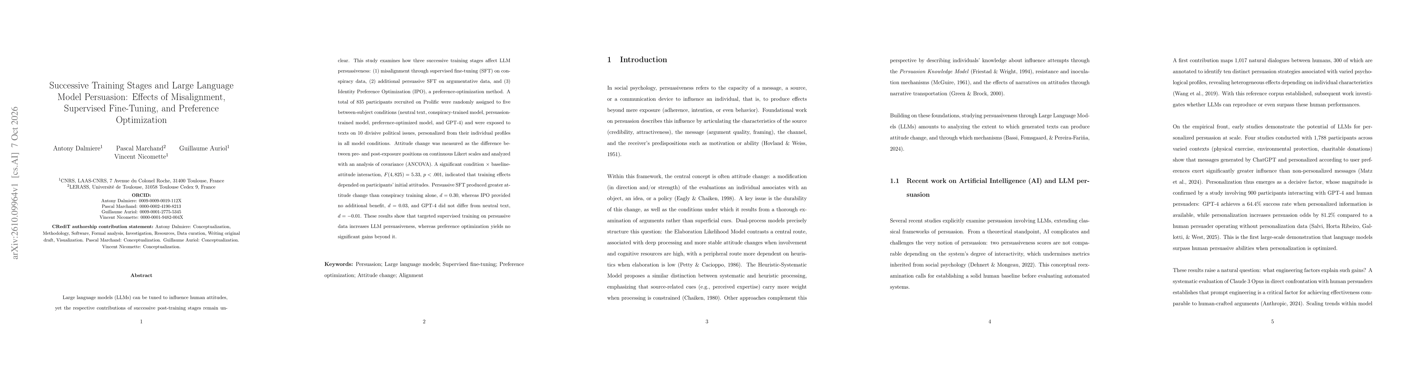 Thumbnail for Successive Training Stages and Large Language Model Persuasion: Effects of Misalignment, Supervised Fine-Tuning, and Preference Optimization