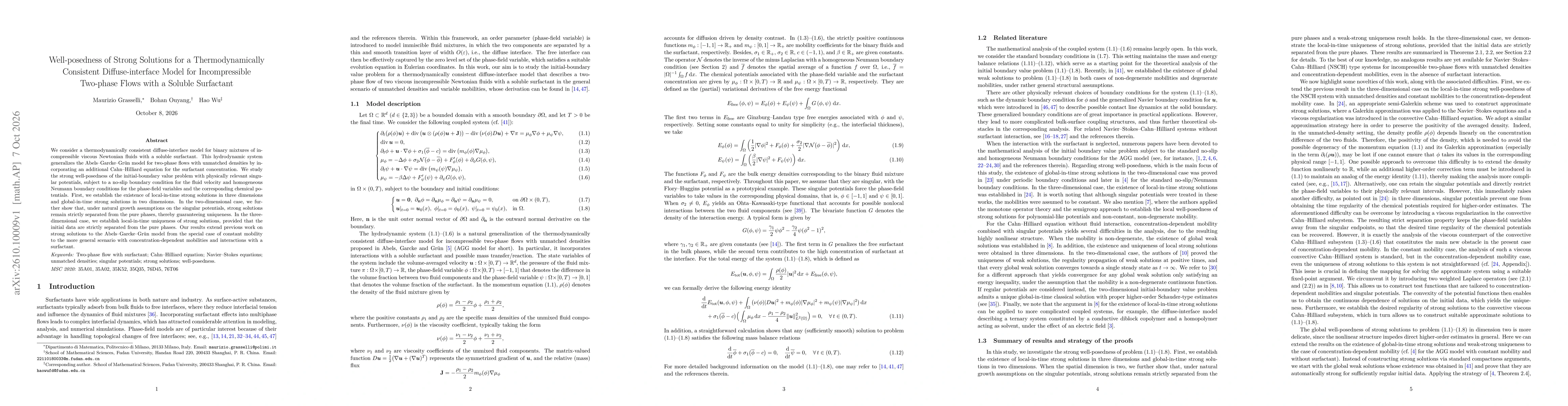 Thumbnail for Well-posedness of Strong Solutions for a Thermodynamically Consistent Diffuse-interface Model for Incompressible Two-phase Flows with a Soluble Surfactant