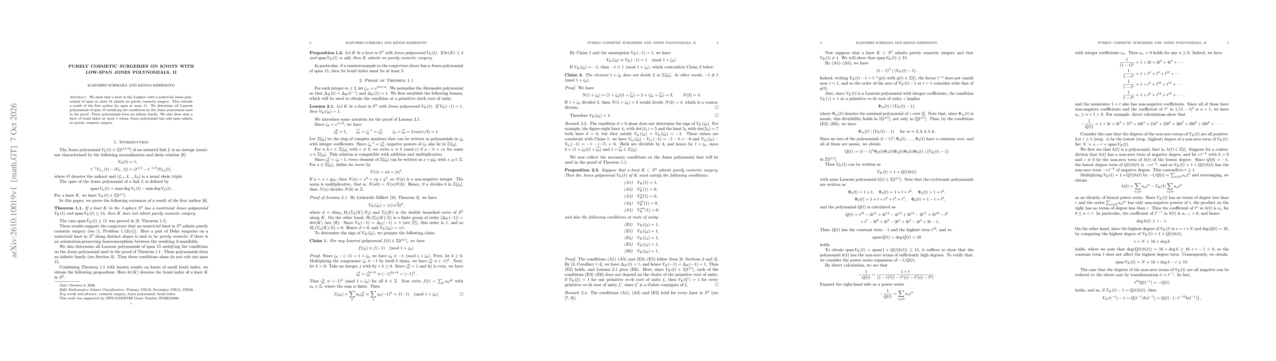 Thumbnail for Purely cosmetic surgeries on knots with low-span Jones polynomials, II