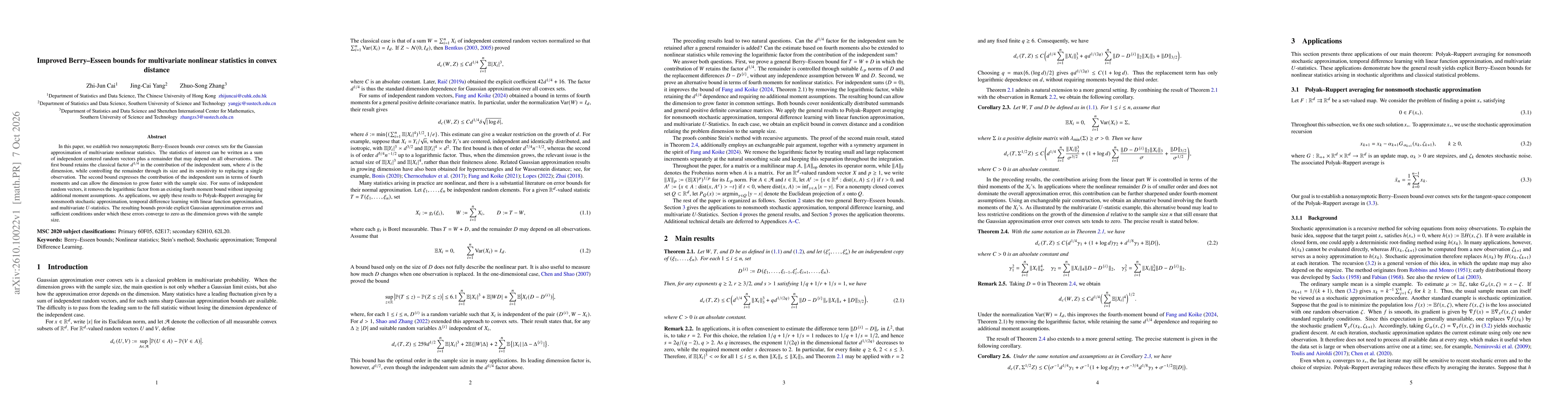 Thumbnail for Improved Berry-Esseen bounds for multivariate nonlinear statistics in convex distance