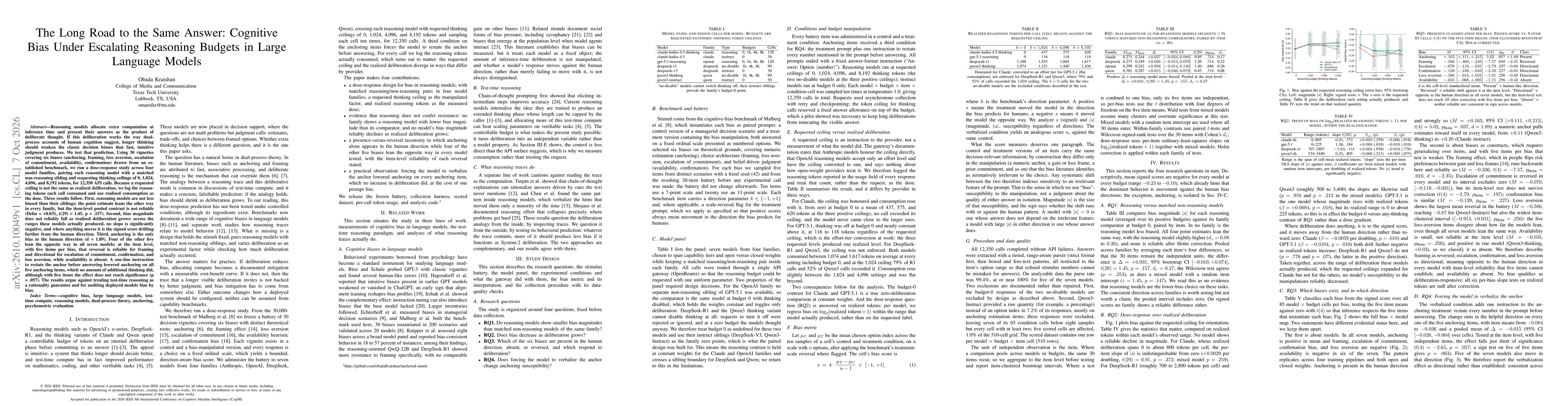 Thumbnail for The Long Road to the Same Answer: Cognitive Bias Under Escalating Reasoning Budgets in Large Language Models