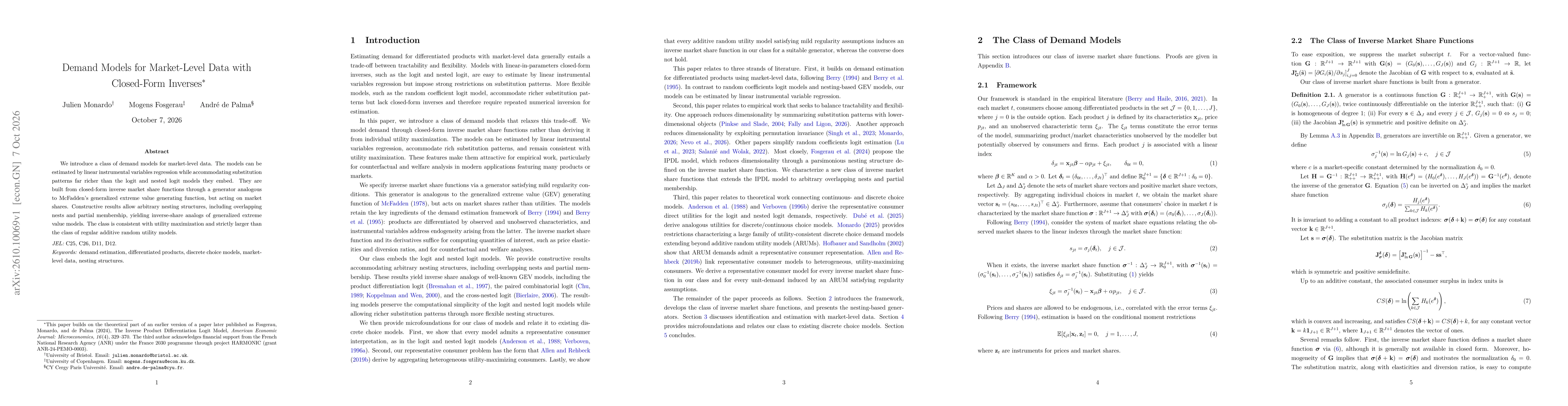 Thumbnail for Demand Models for Market-Level Data with Closed-Form Inverses
