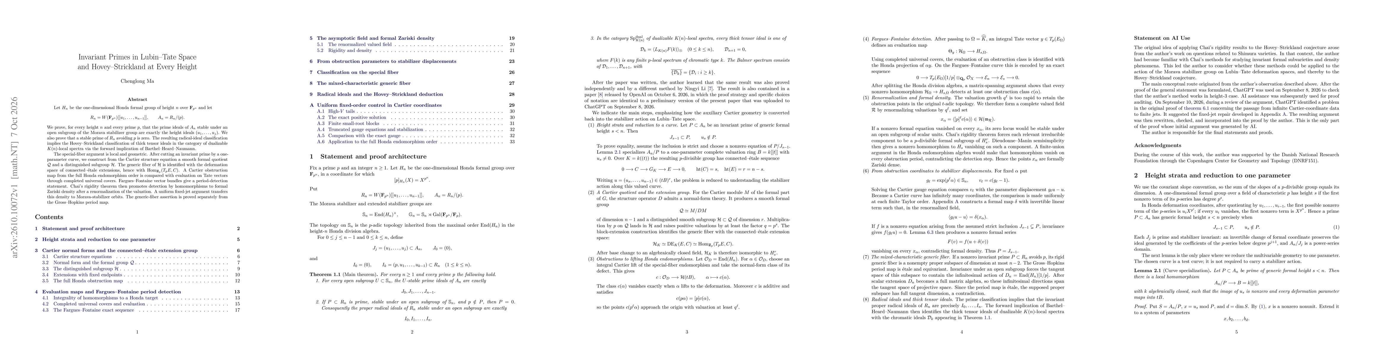 Thumbnail for Invariant Primes in Lubin-Tate Space and Hovey-Strickland at Every Height