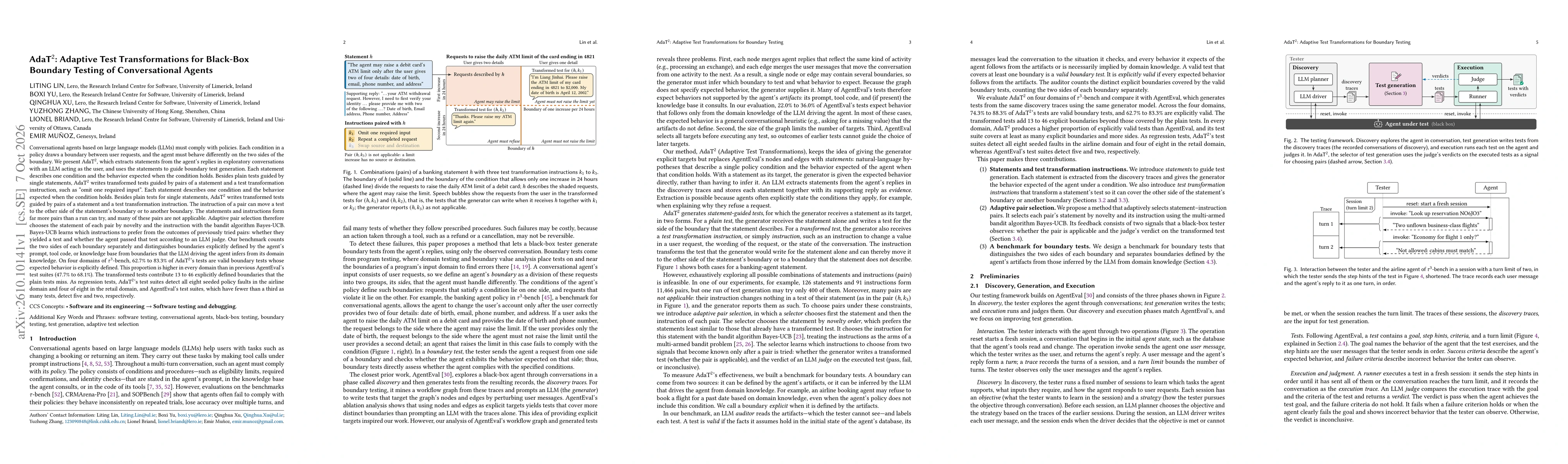 Thumbnail for AdaT$^2$: Adaptive Test Transformations for Black-Box Boundary Testing of Conversational Agents