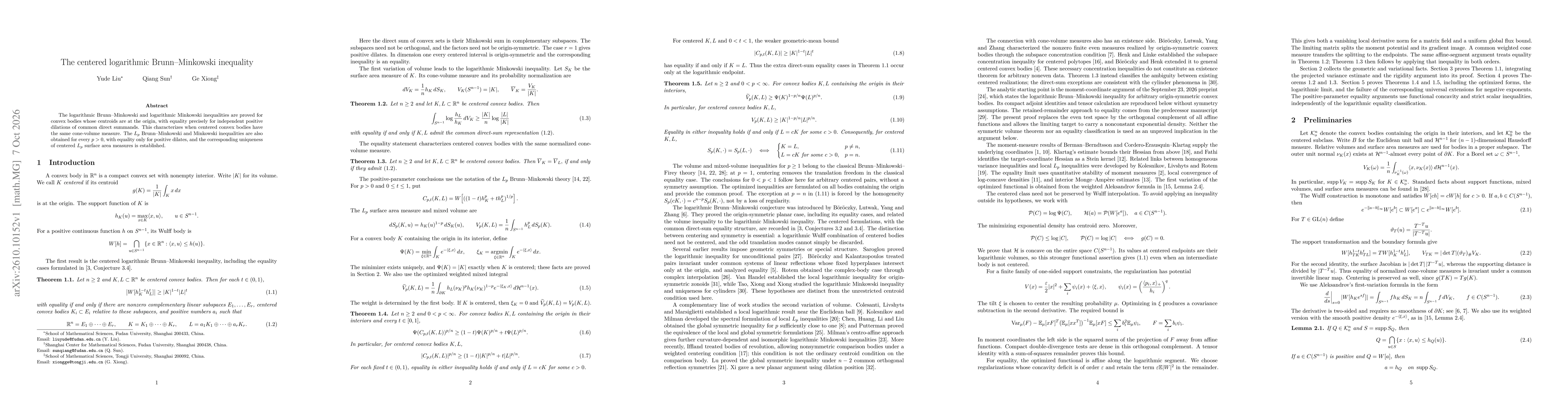 Thumbnail for The centered logarithmic Brunn--Minkowski inequality