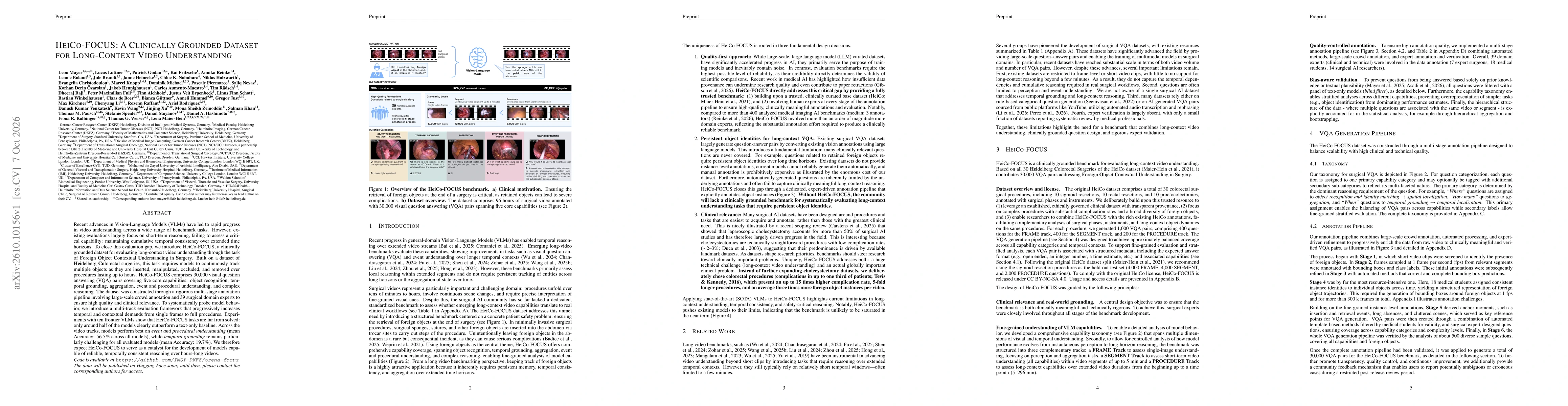 Thumbnail for HeiCo-FOCUS: A Clinically Grounded Dataset for Long-Context Video Understanding