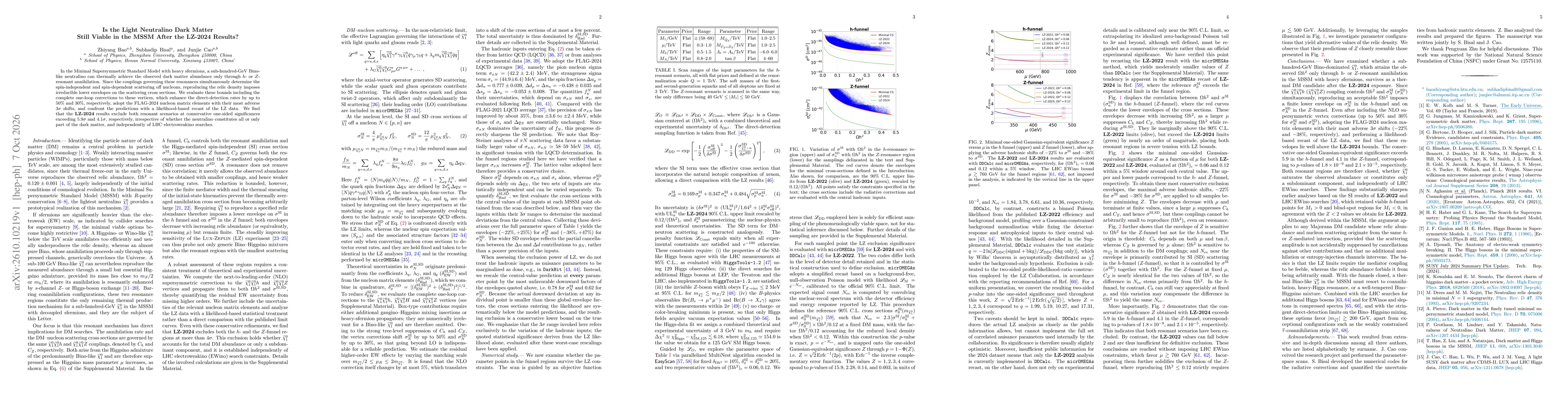 Thumbnail for Is the Light Neutralino Dark Matter Still Viable in the MSSM After the LZ-2024 Results?