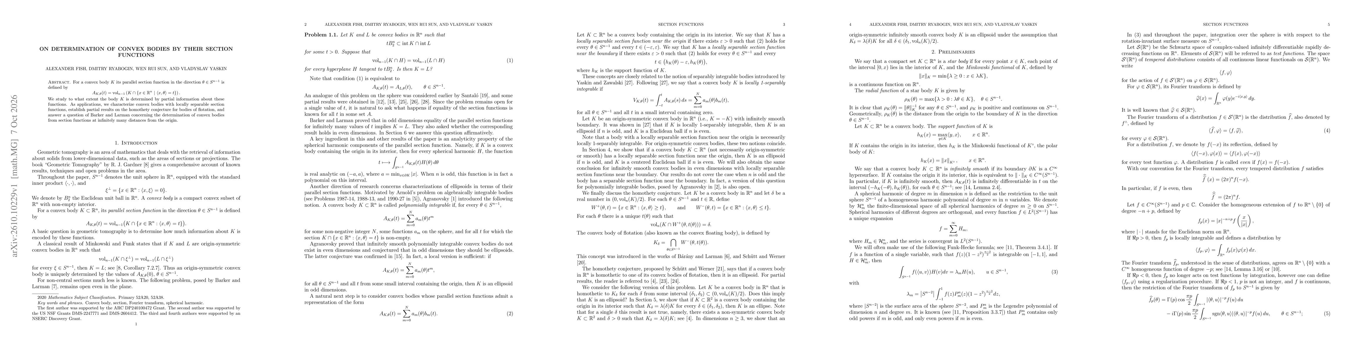 Thumbnail for On determination of convex bodies by their section functions